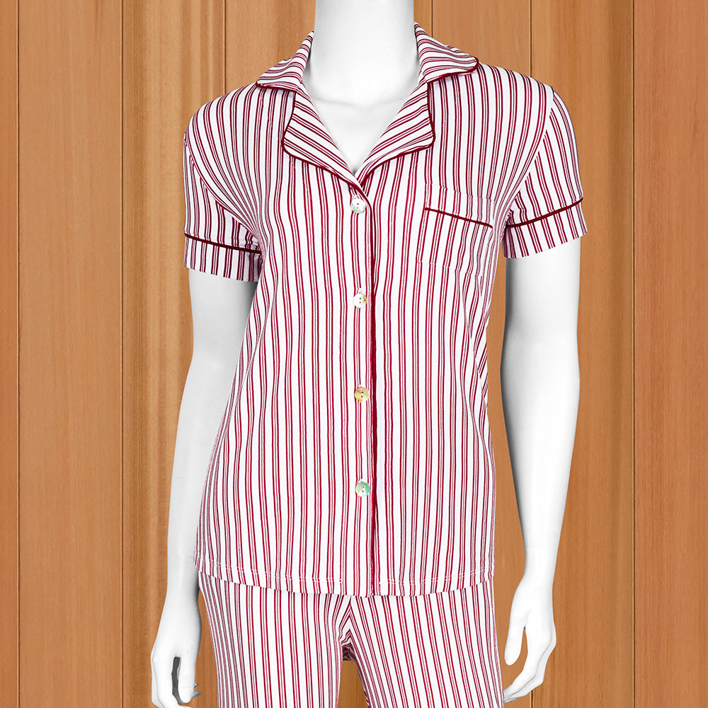 The Cat's Pajamas Women's Pima Knit Capri Set, Red Ticking Stripe