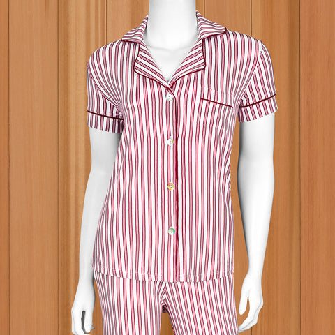 The Cat's Pajamas Women's Pima Knit Capri Set, Red Ticking Stripe
