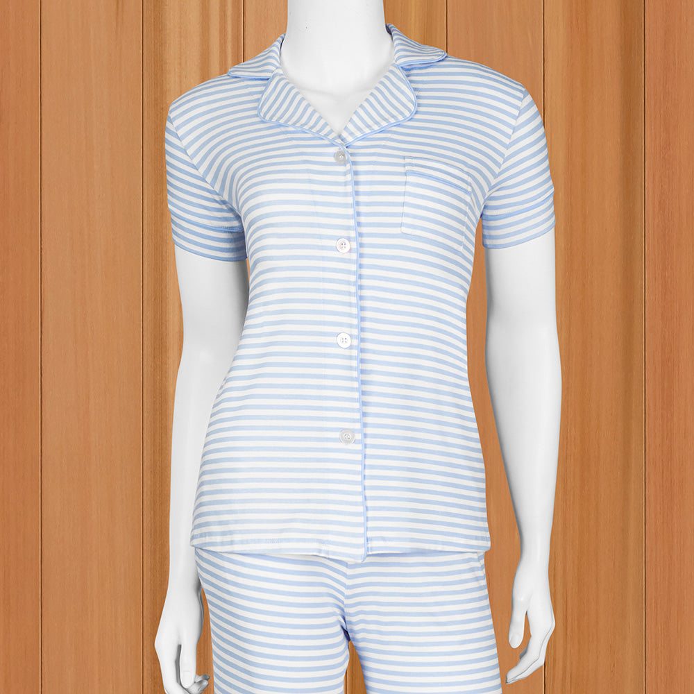 The Cat's Pajamas Women's Pima Knit Capri Set, Sky Blue Essential Stripe