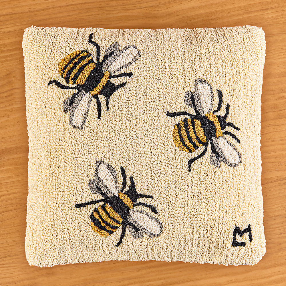 Chandler 4 Corners 18" Hooked Pillow, Three Bees