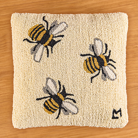 Chandler 4 Corners 18" Hooked Pillow, Three Bees