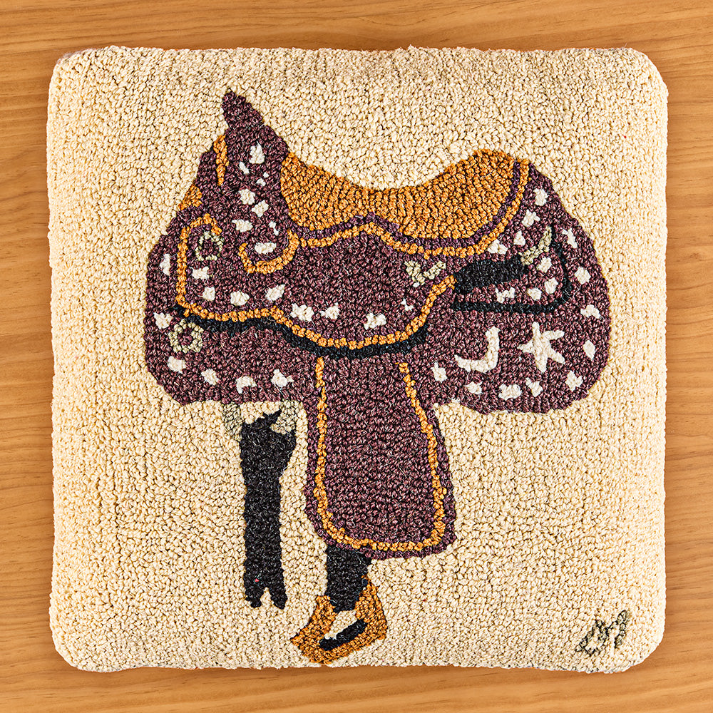 Chandler 4 Corners 18" Hooked Pillow, Western Saddle