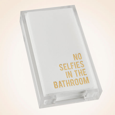 Lined Design Guest Towels and Acrylic Holder Set, "No Selfies in the Bathroom"