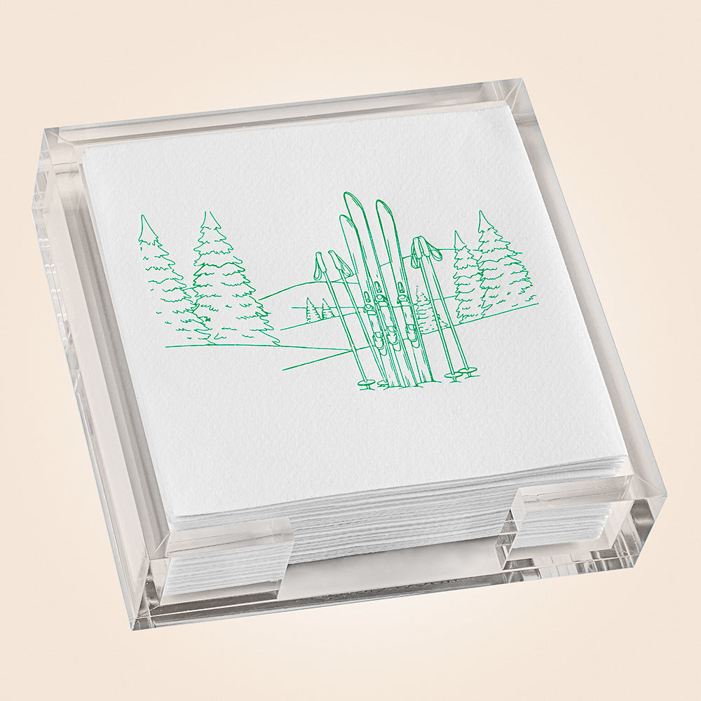Lined Design Cocktail Napkin and Acrylic Holder Set, Ski Scene
