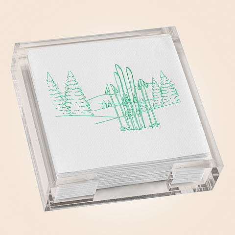 Lined Design Cocktail Napkin and Acrylic Holder Set, Ski Scene