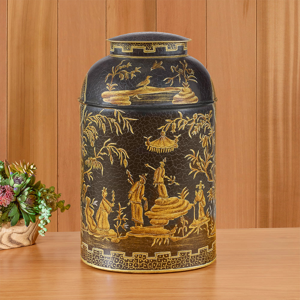 Reproduction English Chinoiserie Tole Tea Canister, Landscape