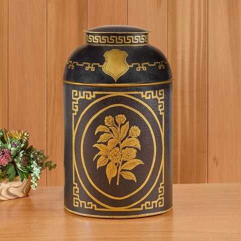 Reproduction English Chinoiserie Tole Tea Canister, Tea Plant Floral
