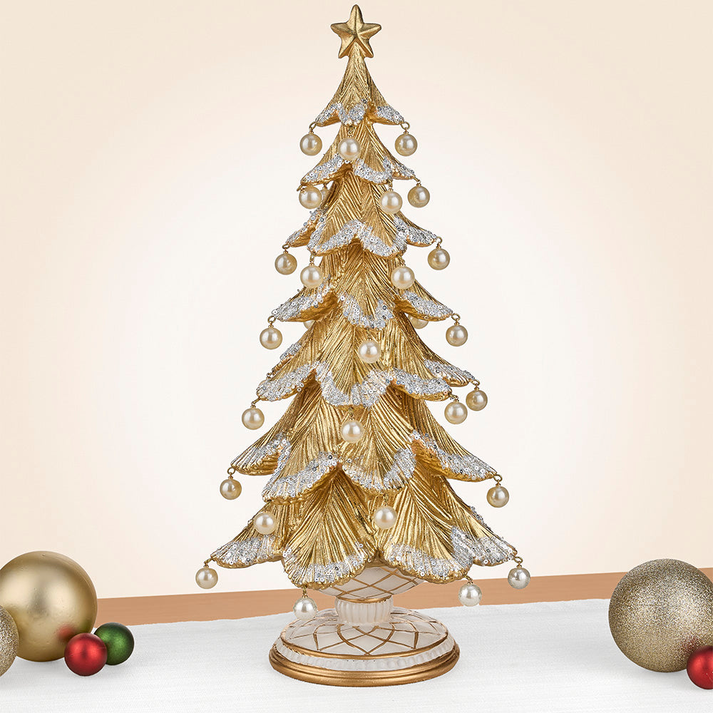Antiqued Gold and Pearl Tabletop Christmas Tree