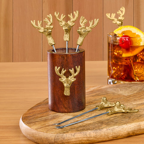 Reindeer Cocktail Picks and Holder, Set of 6