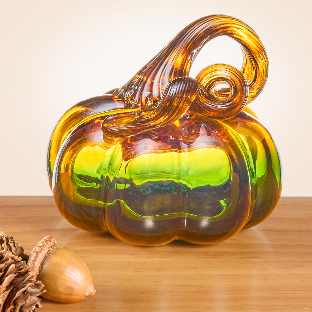 Handblown Glass Pumpkin, Green and Amber
