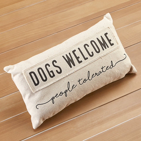 Screen-printed Canvas Lumbar Pillow, "Dogs Welcome"