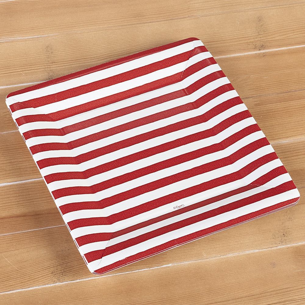 Caspari Square Paper Plates - Red & White Stripe Bretagne