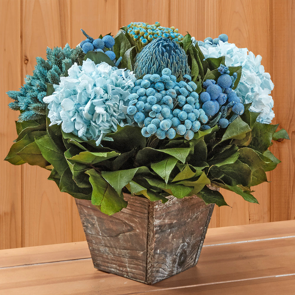 Preserved Ice Blue Hydrangea & Assorted Florals in Wooden Planter