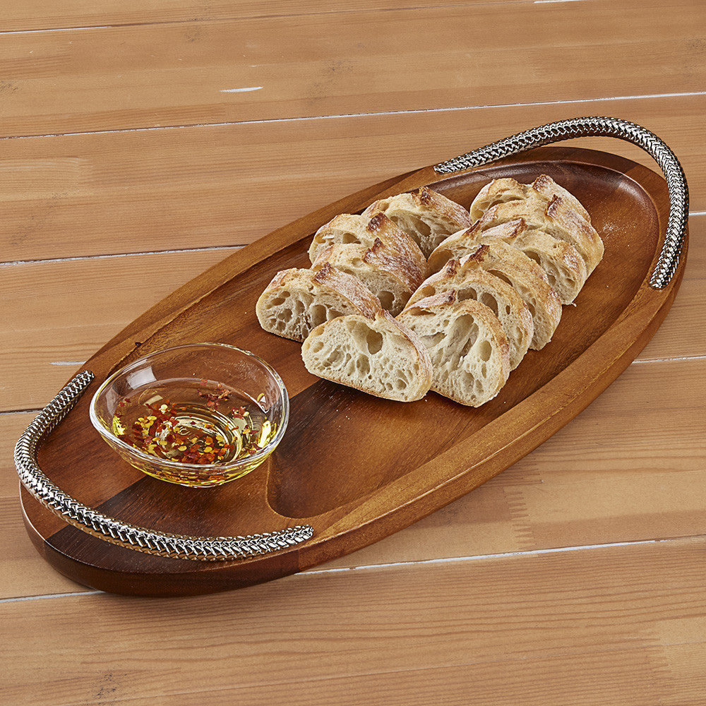 Wood Serving Board with Braided Handles and Dipping Dish by Nambé