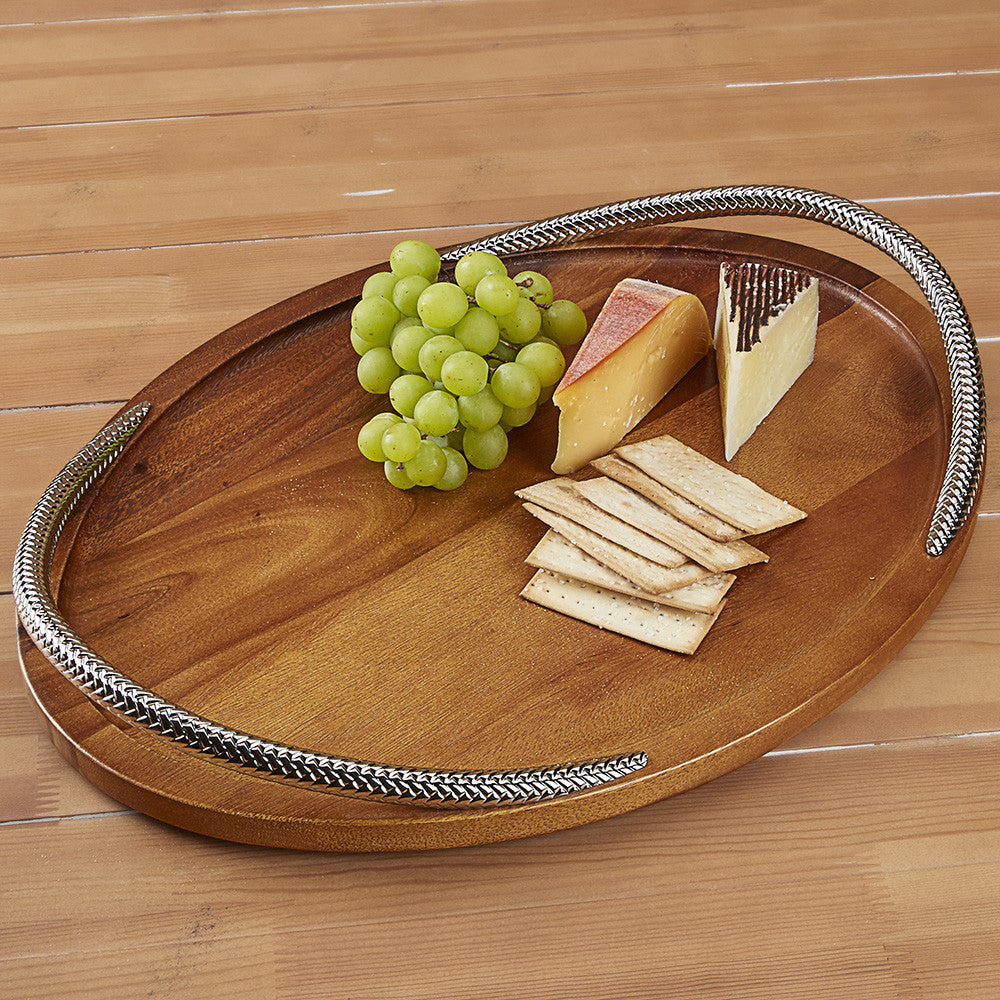 Wood Serving Tray with Braided Handles by Nambé