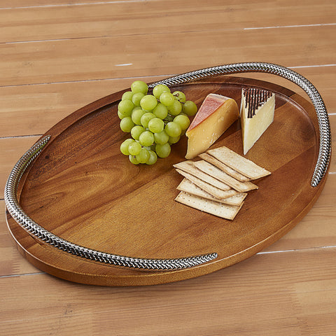 Wood Serving Tray with Braided Handles by Nambé