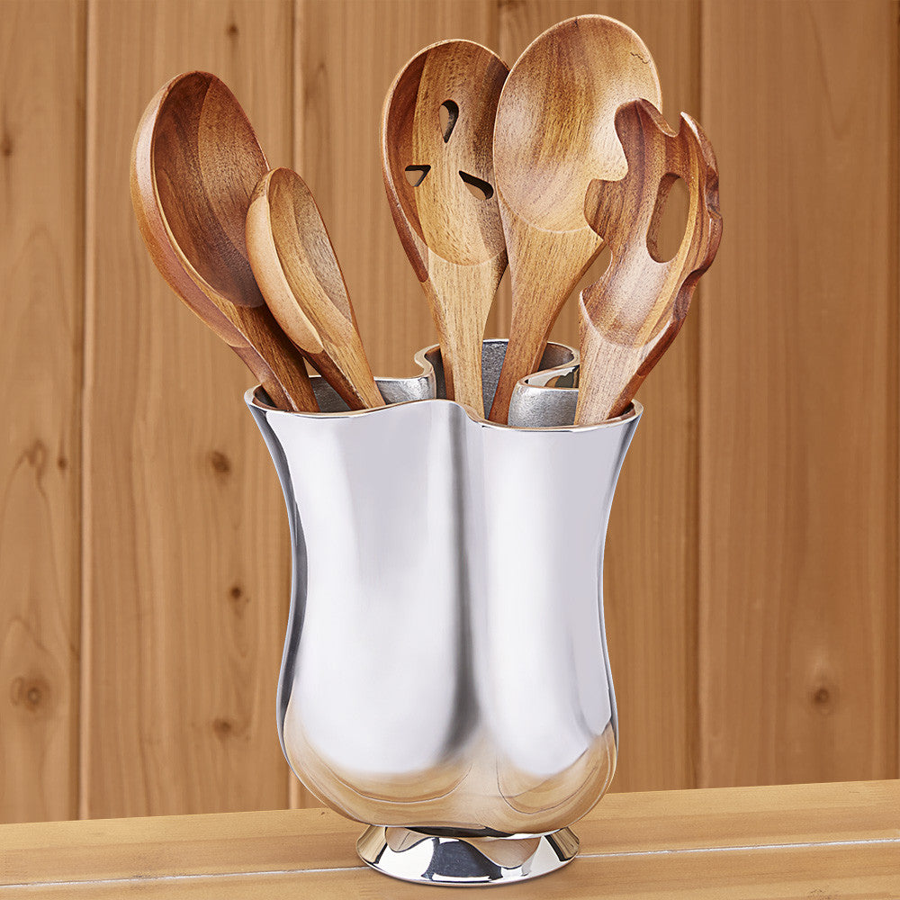 Polished Fluted Utensil Crock with Wood Utensils by Nambé