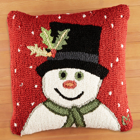 Chandler 4 Corners 18" Hooked Pillow, Snowman with Top Hat