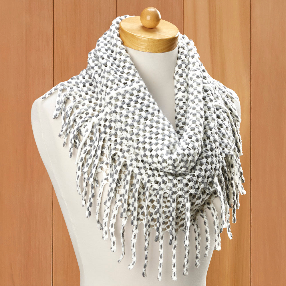 White and Gray Fringe Infinity Scarf