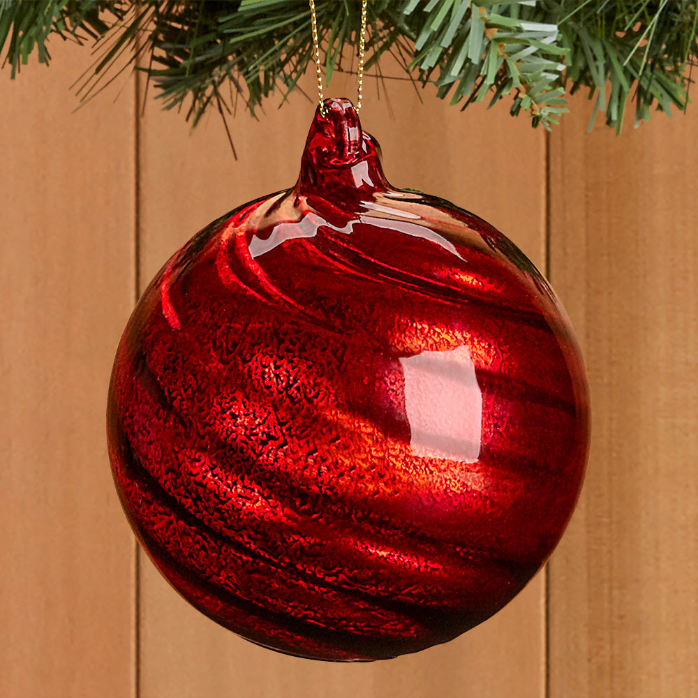Red Ribbon Swirl Round Glass Ornament - 4", 4.5" and 7"