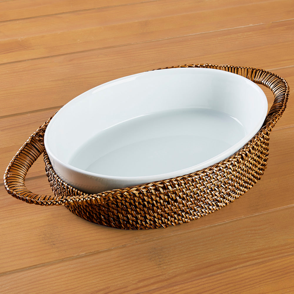 Calaisio Woven Casserole Holder and Oval Porcelain Baking Dish