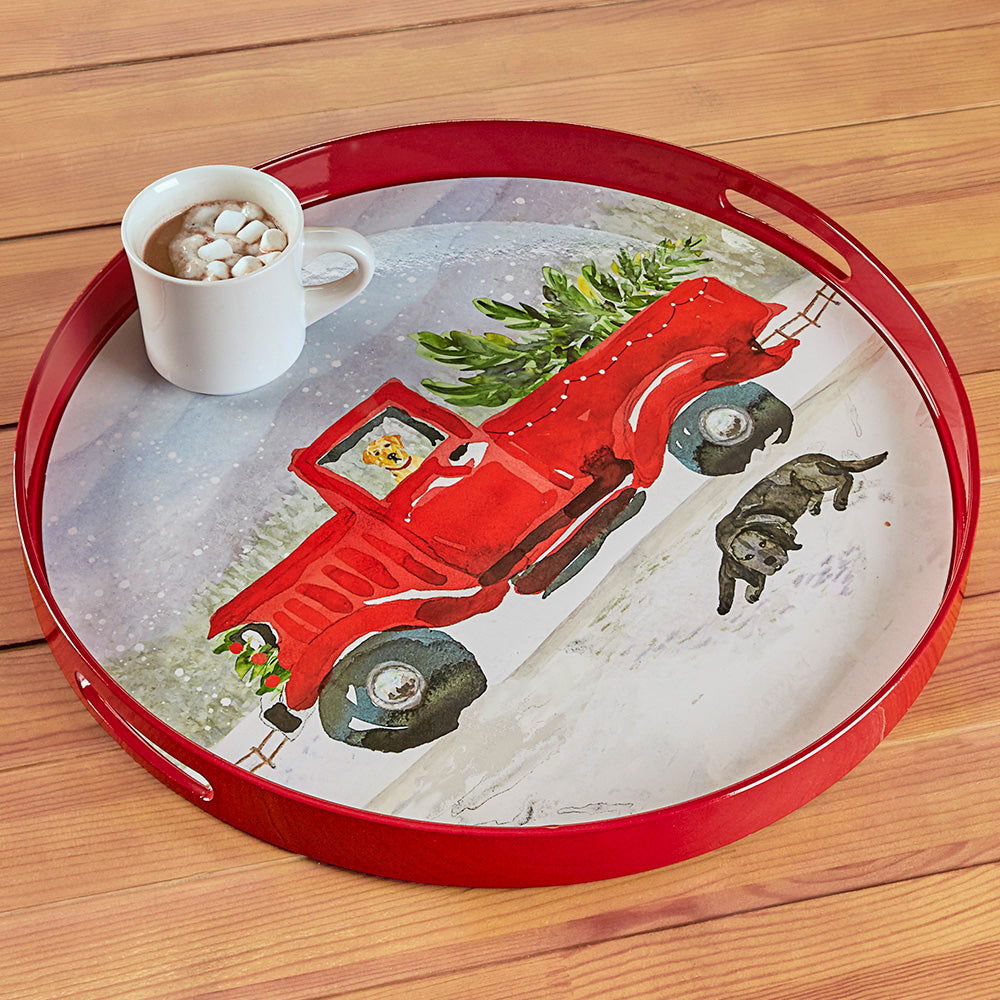 rockflowerpaper Lacquer Serving Tray, Vintage Red Truck - 18" Round