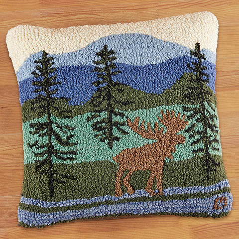 Chandler 4 Corners 18" Hooked Pillow, Eastern Mountain Moose