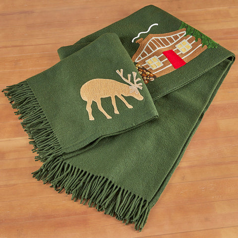 Chandler 4 Corners Hooked Wool Blanket, Hunting Cabin