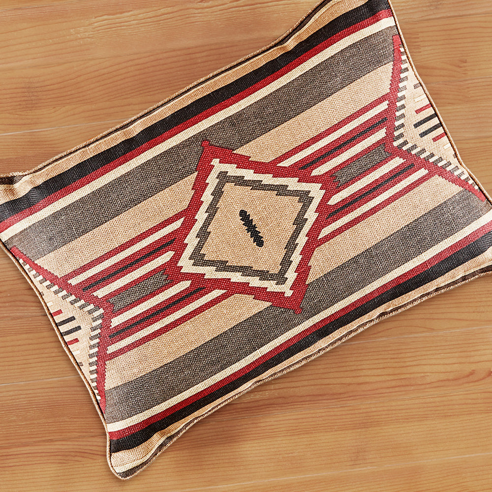 New Moon Woven Linen Lumbar Pillow, Red and Chocolate