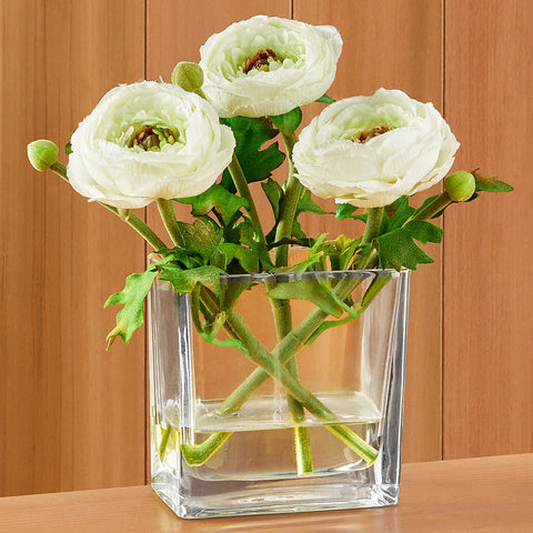 Faux Ranunculus Stems in Glass Vase