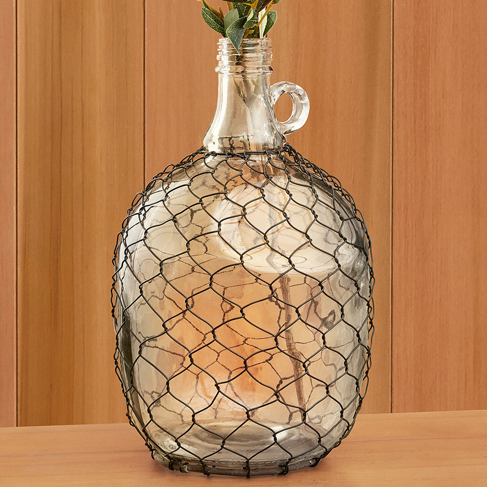 Glass Farmhouse Bottle with Chicken Wire Wrap