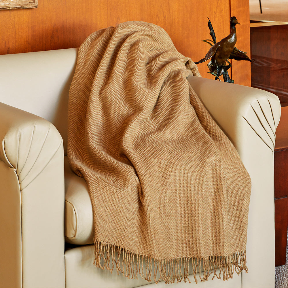 Fibre by Auskin Woven Camel Fringed Throw, Basketweave