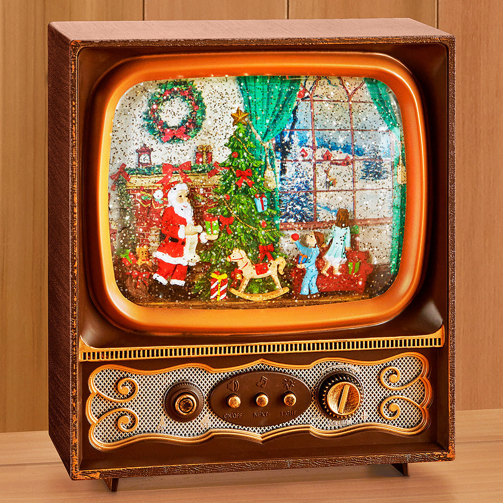 Musical LED Retro TV Snow Globe, Santa with Kids