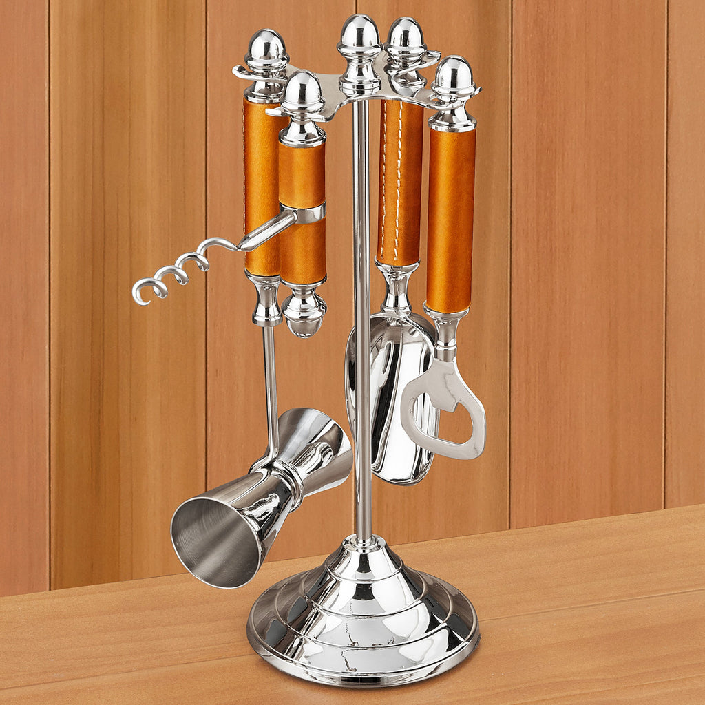 Bar Tool Set with Leather-Wrapped Handles