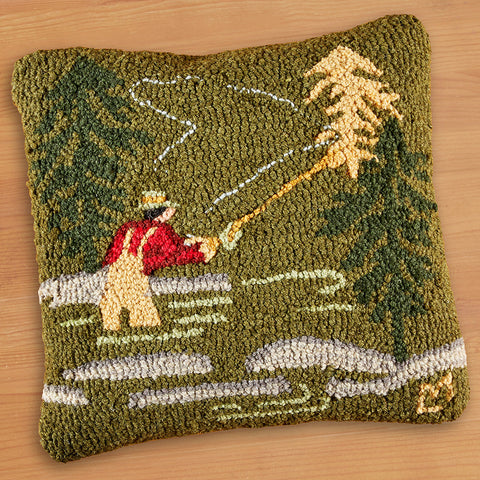 Chandler 4 Corners 18" Hooked Pillow, Fly Fisherman