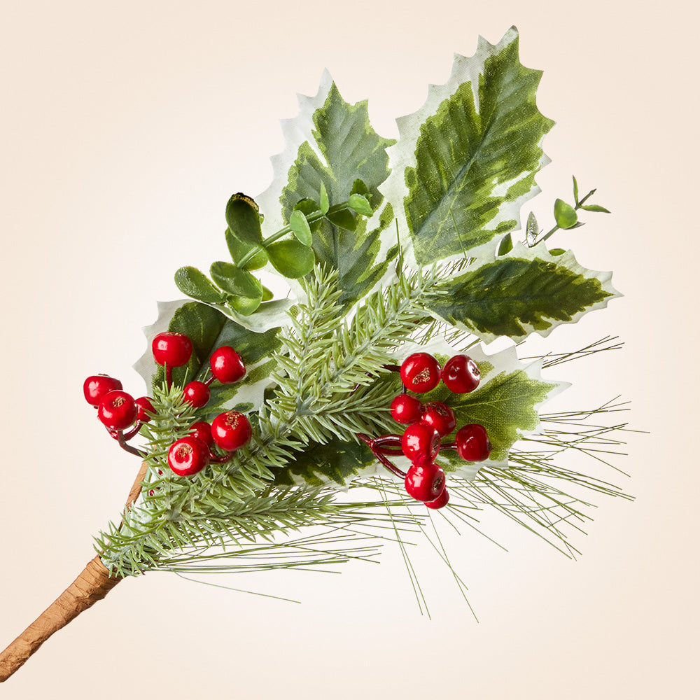 Faux Variegated Holly, Pine and Berry Stem, 13"