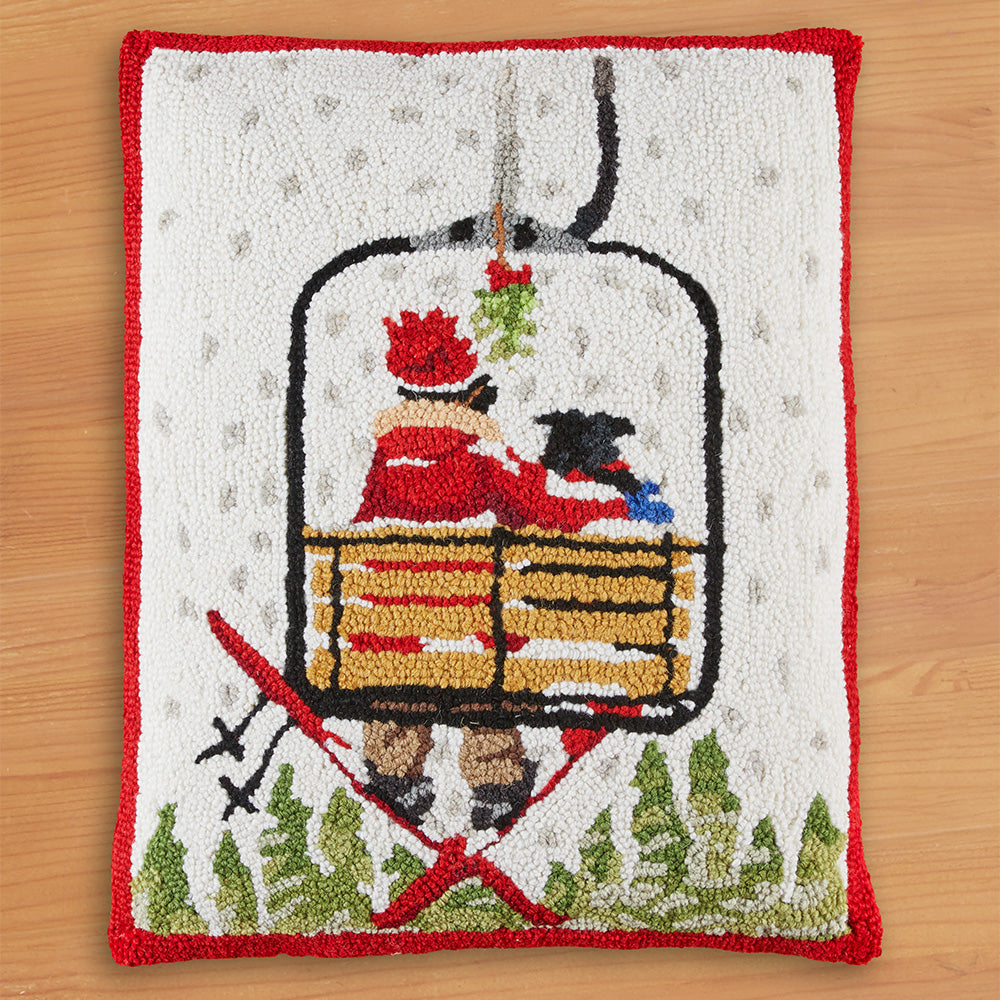 Peking Handicraft 16" x 20" Hooked Pillow, Ski Lift with Dog