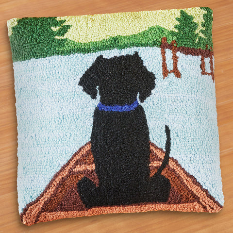 Peking Handicraft 14" Hooked Pillow, Black Lab in Canoe