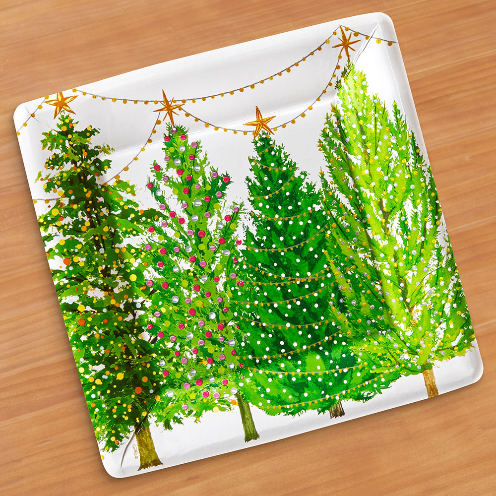 Caspari Square Paper Plates, Christmas Trees