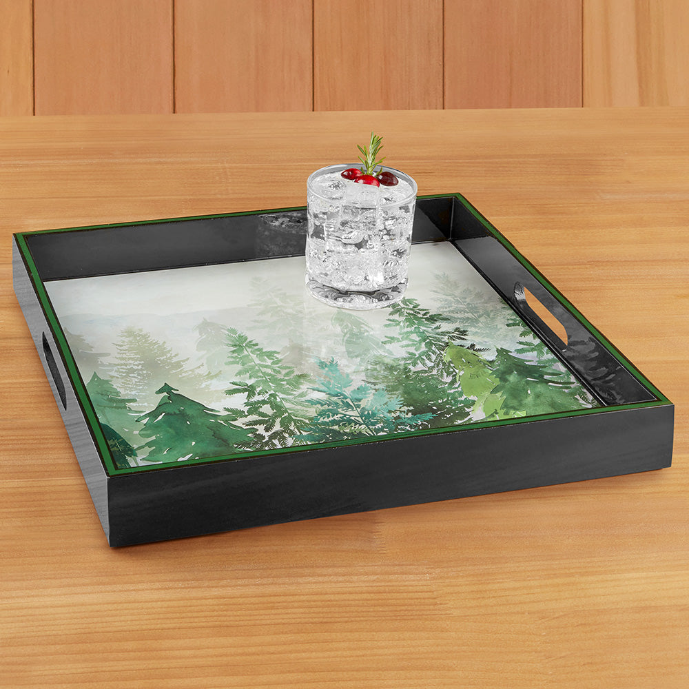 rockflowerpaper Lacquer Serving Tray, Emerald Forest - 15" Square