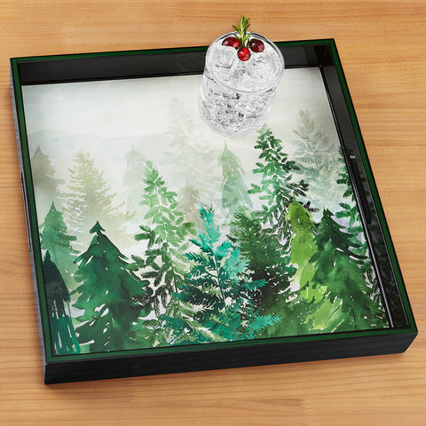 rockflowerpaper Lacquer Serving Tray, Emerald Forest - 15" Square