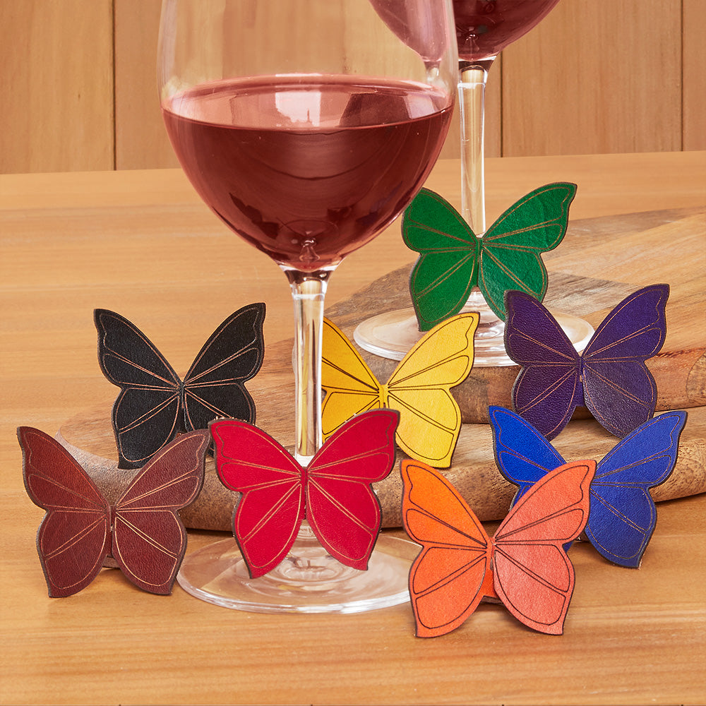 Berit Brooks Leather Wine Glass Markers, Butterflies