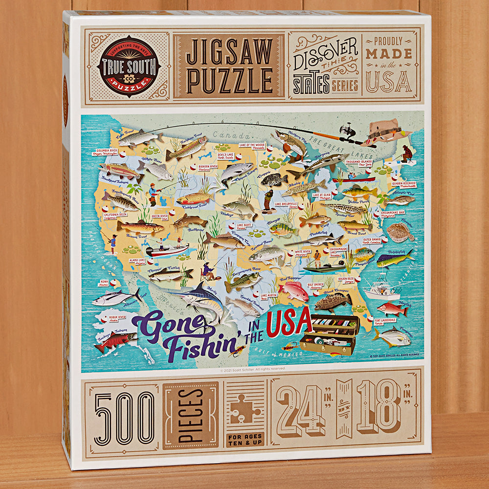 500 Piece Jigsaw Puzzle, "Gone Fishin' in the USA" by Scott Schiller