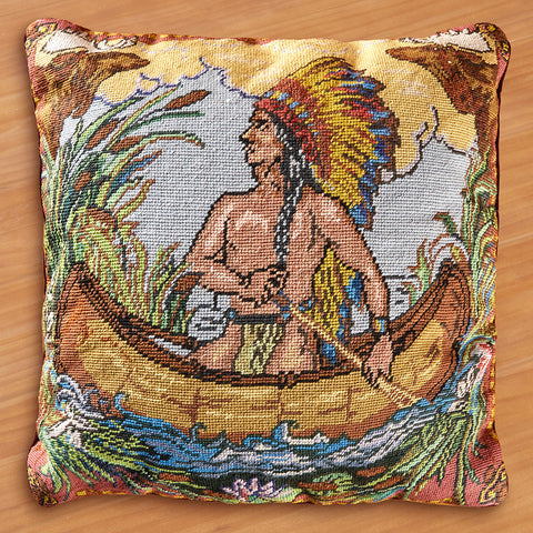 Michaelian Home 20" Needlepoint Pillow, Indian in Canoe