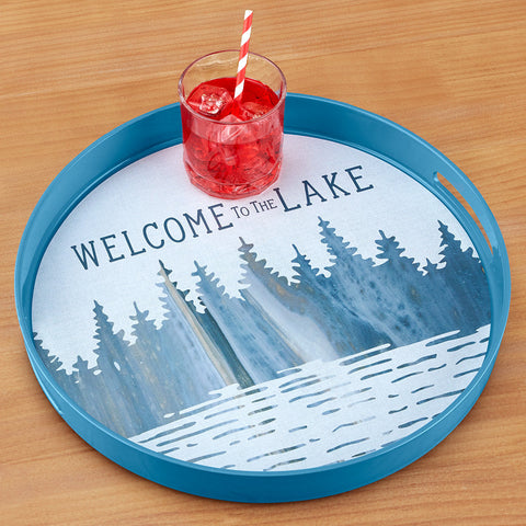 rockflowerpaper Lacquer Serving Tray, Welcome to The Lake – 15" Round