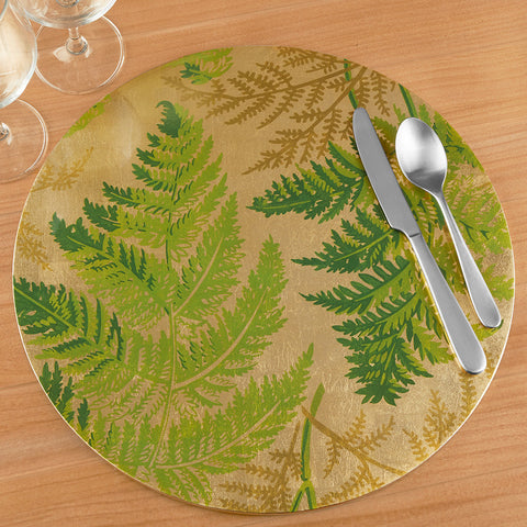 Caspari Round Lacquer Placemat, Fern Fronds on Gold
