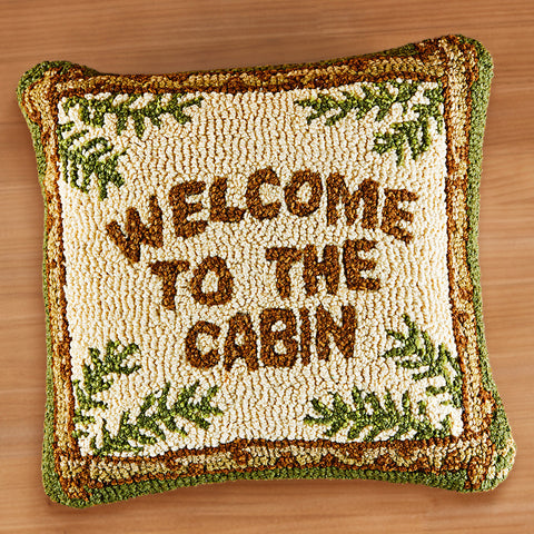 Chandler 4 Corners 18" Hooked Pillow, Welcome to the Cabin