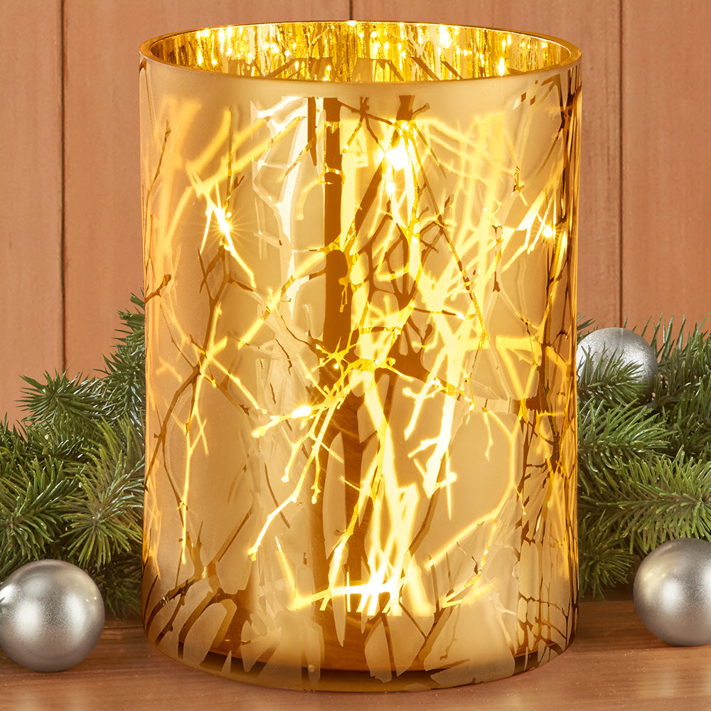 Gold Branches LED Glass Hurricane