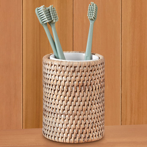 Burma Whitewashed Rattan Toothbrush Holder