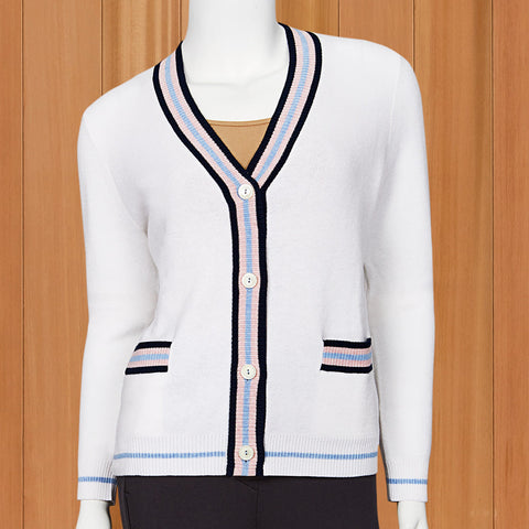 Kinross Cashmere Women's Stripe Trim Cardigan